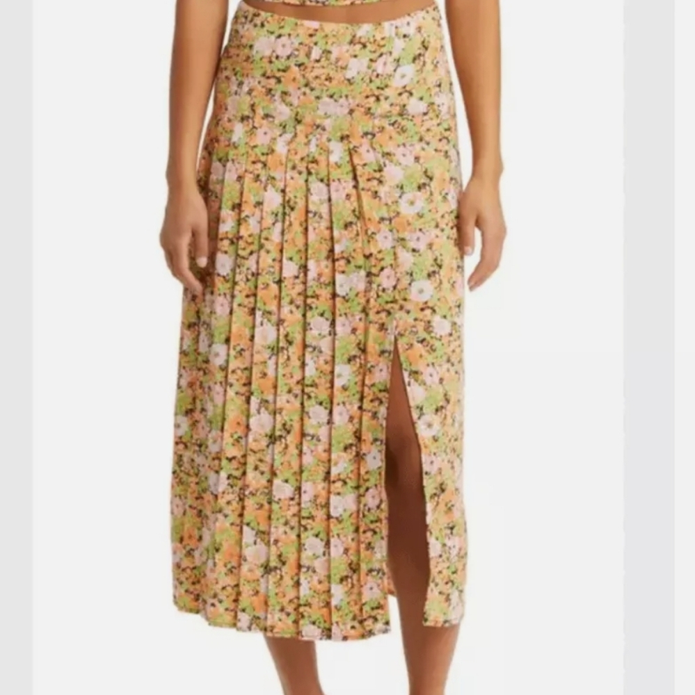 Open Edit Pleated Midi Skirt in Orange Multi Meadow Floral,NWOT,XS